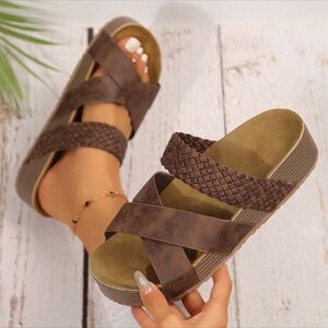 Veloura Brown Braided Comfort Summer Sandals Women Casual Wide Fit Platform